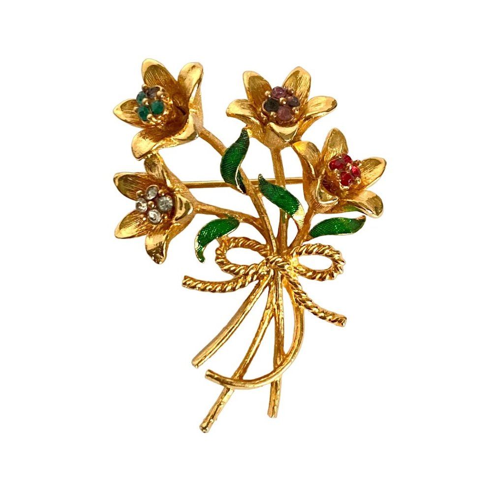 Corel Signed Flowers Bouquet Rhinestones Enamel Brooch Gold Tone 1.8in READ